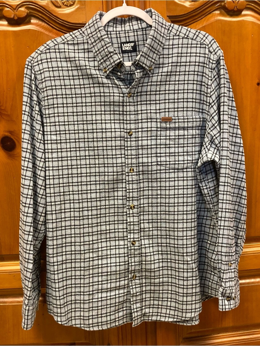 Lands’ End Blue Gray Plaid Flannel Button Down Shirt XL Cotton